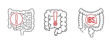IBS, bağırsak iltihabı, ağrı, öfke işareti. Beyaz zemin üzerinde izole edilmiş modern taslak biçiminde düzenlenebilir vektör illüstrasyonu. Tıbbi konsept. Sembol, piktogram, simge, logotip element.