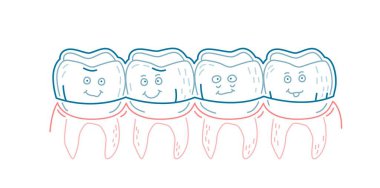 Ortodontik silikon eğitmeni. Görünmez diş telleri hizalayıcı, diş teli. Çizgisel tarzda komik dişli karakterler. Alt çene. Yatay görüntü. Beyaz arkaplanda izole edilmiş düzenlenebilir vektör illüstrasyonu.