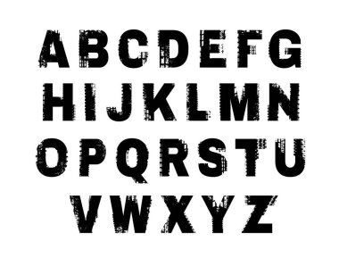 Grunge lastik desenli harfler. Beyaz arka planda izole edilmiş siyah renkli off road harfleri. Düzenlenebilir vektör çizimi. Grunge tipografisi otomotiv posteri, baskı, broşür tasarımı için kullanışlı.