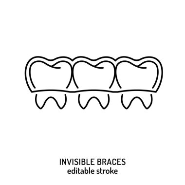Ortodontik silikon eğitmeni. Görünmez diş telleri hizalayıcı, diş teli. Tıbbi ikon, doğrusal piktogram, işaret. Beyaz arkaplanda izole edilmiş ince çizgili vektör illüstrasyonuName.