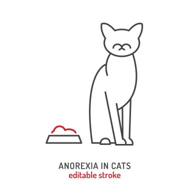 İştahsızlık ikonu olan bir kedi. Kedi midesi sorunu. Hayvan sağlığı endişeleri. Gıda alerjisi, diyet sorunu. Kedilerde sindirim sistemi bozulur. Beyaz arkaplanda izole edilmiş satır biçimi ile vektör illüstrasyonu