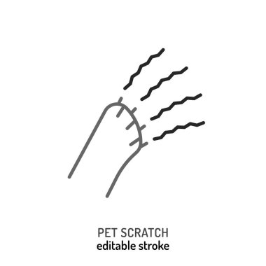 Kedi, köpek tırmalaması. Sıradan bir hayvan davranışı sembolü. Aşırı kaşınıyor. Doğrusal simge, işaret, resim. Veteriner konsepti. Beyaz bir arkaplan üzerinde özet biçiminde düzenlenebilir izole vektör çizimi