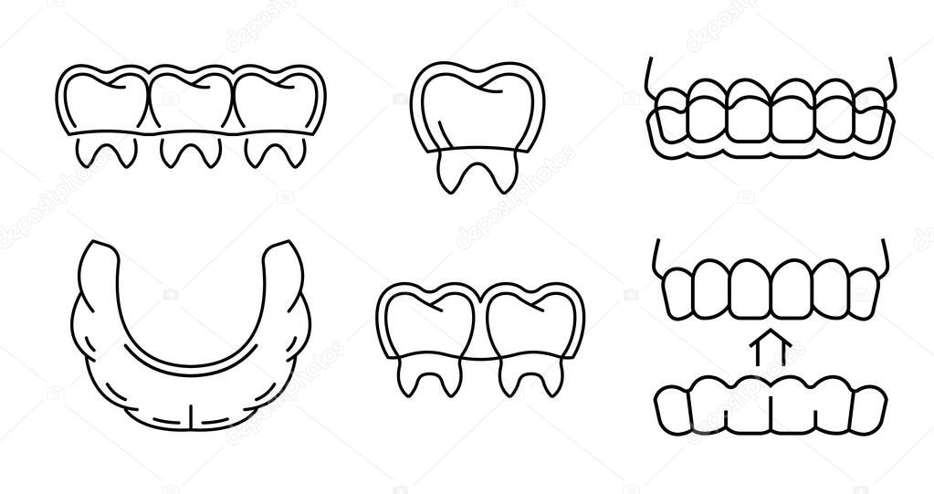 Orthodontic silicone trainer. Invisible braces aligner, retainer. Medical icon, linear pictogram, sign. Editable vector illustration in thin outline style isolated on a white background.