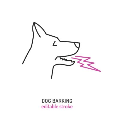 Dog barking. Canine aggression icon, pictogram, symbol. Barky dogs. Doggy vocalization. Shepherd howling. Veterinarian concept. Editable vector illustration in outline style on a white background clipart