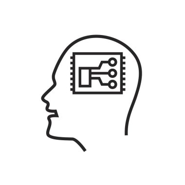 İnsan beynine bir nöral çip yerleştirmek. İnsan beyni ve bilgisayar arasındaki arayüz. Doğrusal simge, piktogram, işaret. Beyaz arkaplanda izole edilmiş düzenlenebilir vektör illüstrasyonu