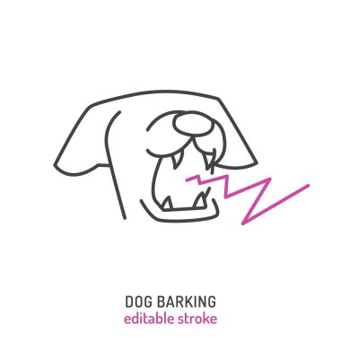 Dog barking. Canine aggression icon, pictogram, symbol. Barky dogs. Doggy vocalization. Shepherd howling. Veterinarian concept. Editable vector illustration in outline style on a white background clipart
