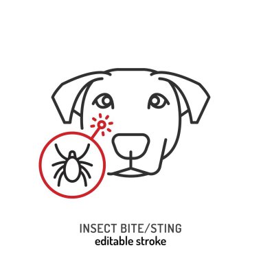 Köpeklerde asalak yaralanma. Doğrusal simge, piktogram, sembol. Böcek ısırığı. Böcek sokması. Acı verici bir hastalık. Veteriner konsepti. Beyaz bir arkaplan üzerinde özet biçiminde düzenlenebilir izole vektör çizimi