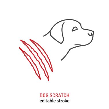 Dog scratch. Common pet behavior symbol. Excessive scratching. Linear icon, sign, pictogram. Veterinarian concept. Editable isolated vector illustration in outline style on a white background clipart
