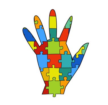 Hand symbol composed of a vibrant spectrum of colors. Puzzles represent the diversity of human minds and experiences. Hand-drawn editable vector illustration isolated on a white background clipart
