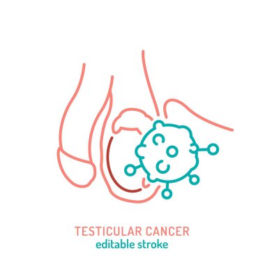 Testis kanseri, adenokarsinom anahat ikonu. Testislerdeki hücrelerin anormal büyümesi işarettir. Tıbbi doğrusal piktogram. Kanser teşhisi. Düzenlenebilir vektör illüstrasyonu beyaz arkaplanda izole edildi