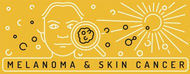 Cilt kanseri, kötü huylu melanom manzara posteri. Tıbbi doğrusal pankart. Mayıs ayında bazal hücre kanseri farkındalığı. Sarı arkaplanda izole edilmiş düzenlenebilir vektör illüstrasyonu