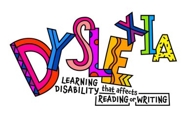 Dyslexia concept. Reading disability web banner. Word recognition difficulty concept. Horizontal poster, print. Editable vector illustration in colorful pop art style isolated on a white background clipart