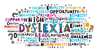 Dyslexia concept. Reading disability web banner. Word recognition difficulty concept. Landscape poster, print. Editable vector illustration in colorful pop art style isolated on a white background clipart