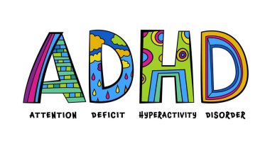 ADHD concept. Attention Deficit Hyperactivity Disorder web banner. Creative lettering. Horizontal poster, print. Editable vector illustration in colorful pop art style isolated on a white background clipart
