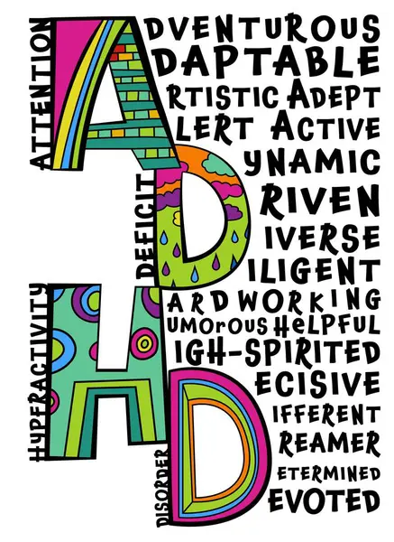 stock vector ADHD concept. Attention Deficit Hyperactivity Disorder web banner. Creative lettering. Vertical poster, print. Editable vector illustration in colorful pop art style isolated on a white background