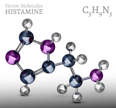Metalik 3 boyutlu Histamin molekül yapısı. Tıbbi vektör çizimi. C5H9N3 kimyasal şeması arka planda izole edildi. Okul posteri. Bilimsel, eğitici bir kavram..