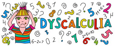 Dyscalculia concept. Math disability banner. Number dyslexia landscape poster. Arithmetic disorder horizontal print. Editable vector illustration in pop art style isolated on a white background. clipart