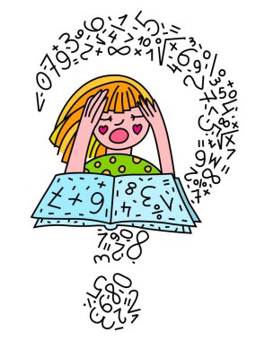 Discalculia konsepti. Matematiksel engelli pankartı. Disleksi numarası dikey posteri. Aritmetik bozukluk portresi. Beyaz bir arkaplanda izole edilmiş pop sanat tarzında düzenlenebilir vektör illüstrasyonu.