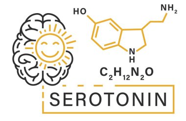 Serotonin posteri, ana hatlarıyla afiş. Ruh hali dengeleyici işareti. Beyinde uyku ve iştahı düzenleyen nörotransmiter üretildi. Beyaz arkaplanda izole edilmiş düzenlenebilir vektör illüstrasyonu