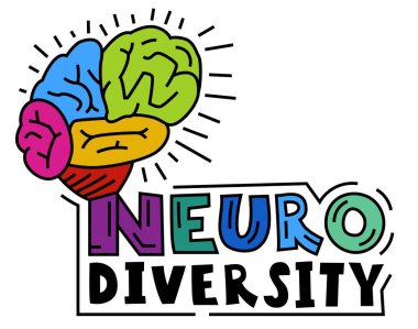Nöro çeşitliliğin harfleri canlı renk spektrumunda. Bu canlılık insan zihinlerinin ve deneyimlerinin çeşitliliğini temsil ediyor. Pop sanat düzenlenebilir vektör çizimi beyaz arkaplanda izole edildi