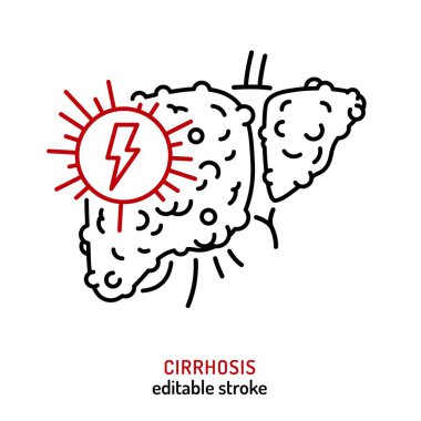 Siroz anahat ikonu, resim. Karaciğer sertleşmesi, hepatocirrhosis işareti. Çizgi tarzı. Viski-karaciğer lineer pictogram. Tıbbi konsept. Düzenlenebilir vuruş vektörü çizimi beyaz arkaplanda izole edildi