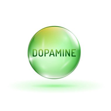 Parlak gerçekçi bir dopamin işareti. Hormon sembolü. DA hücrelerde önemli rol oynayan bir nöromodülasyon molekülüdür. Organik kimyasal. Düzenlenebilir vektör illüstrasyonu beyaz üzerinde izole edildi