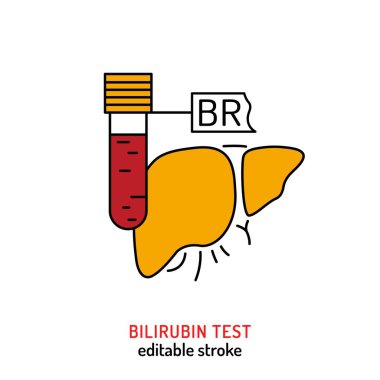 Bilirubin simgesi taslak biçiminde. Derisi ve gözleri sararmış. BR kan testi işareti. Hiperbilirubinemi doğrusal piktogram. Tıbbi özet konsepti. Beyaz arkaplanda izole edilmiş vektör illüstrasyonu