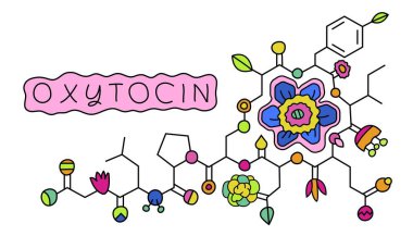 Oxytocin molecule in bright pop art style. Happy hormone design. Neuropeptide produced in the hypothalamus. Brain chemical. Emotion, relation hormones. Vector illustration on a white background. clipart