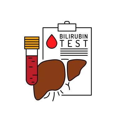 BR kan testi işareti. Bilirubin simgesi taslak biçiminde. Derisi ve gözleri sararmış. Hiperbilirubinemi doğrusal piktogram. Tıbbi özet konsepti. Beyaz arkaplanda izole edilmiş vektör illüstrasyonu