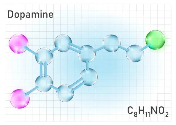 stock vector Dopamine poster, banner in realistic glossy style. Hormone molecular structure. DA is a neuromodulatory molecule that plays important roles in cells. Editable vector illustration on a light background