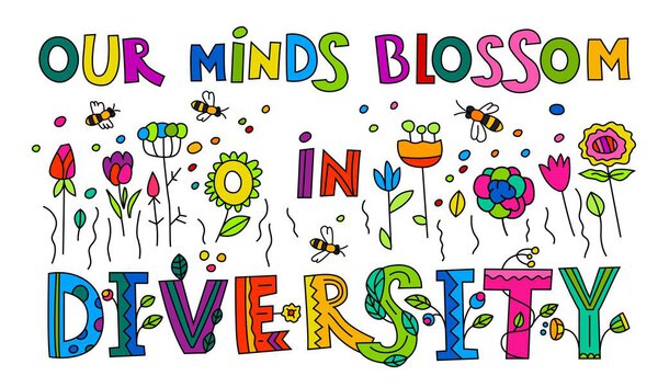 Our minds blossom in diversity. Embrace neurodiversity. Neurodivergence concept. Neurodivergent human experiences. Colorful landscape poster, banner. Vector illustration with creative lettering.
