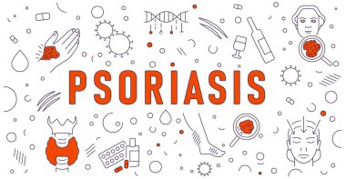 Doğrusal simgesi olan sedef hastalığı posteri. Tıbbi dermatit izi. Eritematik plaklar peyzaj afişi. Keratotik yamalar. Sedef hastalığı. Kapak tasarımı Vektör illüstrasyonu beyaz arkaplanda izole edildi