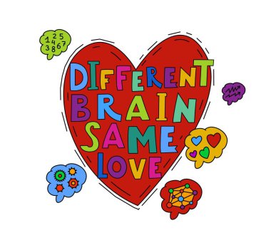 İnsan zihni ve deneyim çeşitliliği kavramı. Nöroçeşitlilik kabul eli, kalp şeklinde harflerle çizilmiş. Kapsayıcı, anlayışlı bir toplum. Vektör çizimi. Renkli pop sanat grafikleri