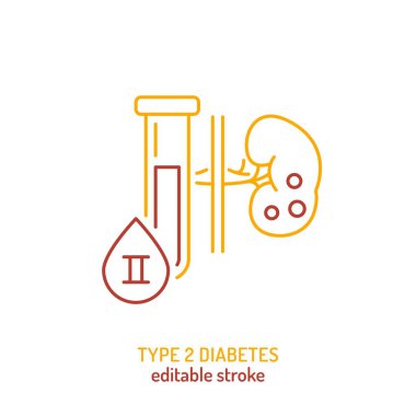 Tip 2 diyabet anahat ikonu. İnsülin direnci piktogramı. T2D işareti. Kan şekeri seviyesi konsepti. Düzenlenebilir felç. Tıbbi sembol. Beyaz arkaplanda izole edilmiş doğrusal vektör çizimi