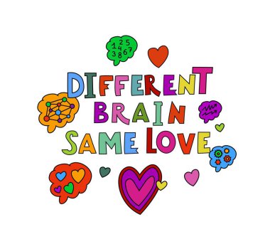 Farklı beyinler, aynı sevgi. Nöroçeşitlilik gösteren insanlar. İnsan deneyimi çeşitliliği. Nöroçeşitlilik, otizm kabulü. Kişilik özelliklerindeki farklılıklar. Peyzaj izi. Renkli vektör illüstrasyonu