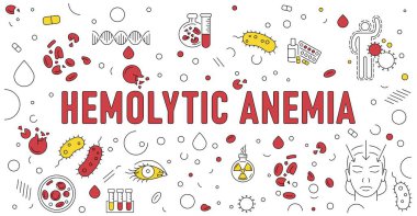Hemolitik anemi pankartı. Vücudunda çok fazla hemolizden dolayı az sayıda kırmızı kan hücresi var. Doğrusal simgelerle tıbbi poster. Düzenlenebilir felç. Beyaz arkaplanda izole edilmiş vektör illüstrasyonu
