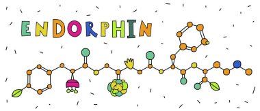 Komik bir çizgi film tarzında Endorphin posteri. Mutlu hormon. Endorfinler beyinde üretilen ve acıyı algılamayı engelleyen peptitlerdir. Düzenlenebilir vektör illüstrasyonu beyaz arkaplanda izole edildi