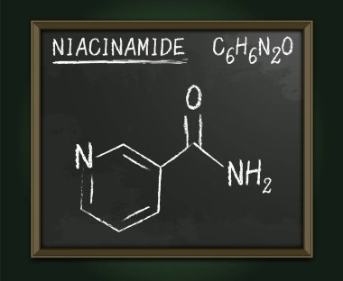 Tahtadaki Niacinamide molekülü. Tebeşirle çizilmiş C6H9NO2 formülü. Cilt bakımı, su kaybı ve sağlık sigortasını temsil ediyor. Biyokimyaya odaklı vektör biçiminde eğitici illüstrasyon