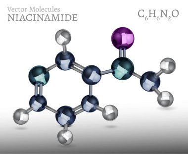 Niacinamide 3D simgesi. B3 vitamini moleküler yapısı. C6H6N2O. Parlak gerçekçi bir tıbbi sembol. Düzenlenebilir vektör izole çizimi