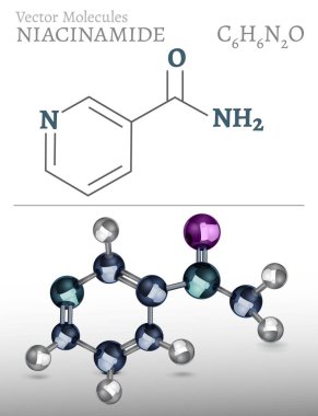 Niacinamide 3d icon. Vitamin B3 molecular structure. C6H6N2O. Medical symbol in shiny realistic style. Editable vector isolated illustration clipart