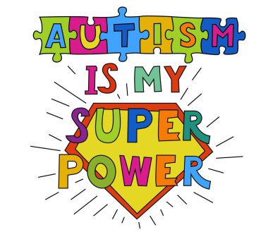 Otizm benim süper gücüm. Nörodibakir insanların eşsiz yetenekleri ve perspektifleri. Peyzaj tıbbi posteri cesur ve kaprisli. Düzenlenebilir vektör çizimi. Renkli pop sanat grafikleri