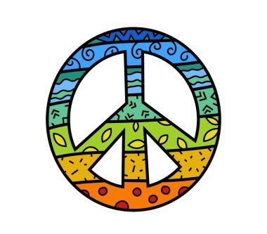 Canlı gökkuşağı renklerinde barış sembolü. Eşitlik, özgürlük tasarımı. Modern, minimalist stil, koyu renkler. LGBTQ, sosyal hareketler, aktivizm ve bilinçlendirme kampanyaları için mükemmel. Vektör illüstrasyonu