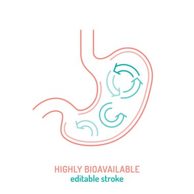 Yüksek oranda biyoaktif katkı ikonu. Minimalist çizgi sanatı. Mide sindirimi, besin emilimi, optimize metabolizma. Sağlık, sağlık, sağlık, klinik belirti. Düzenlenebilir vuruş vektörü illüstrasyonu