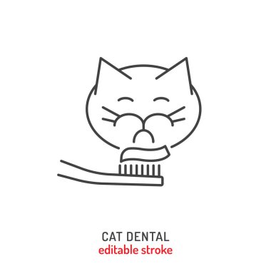 Cat dental care. Minimalist linear icon, pictogram, symbol. Veterinarian concept. Ideal for veterinary clinics, pet care services. Editable vector illustration in outline style on a white background clipart