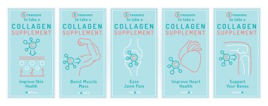 Kolajen takviyesi almak için beş neden. Tıbbi, sağlık hizmetleri bilgileri ana hatlarıyla. Bilgilendirici poster, afiş. Sağlık konsepti. Beyaz arkaplanda izole edilmiş düzenlenebilir vektör illüstrasyonu