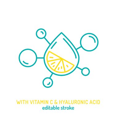 C vitamini ve hyaluronik asit çizgi ikonuyla. Önemli güzellik malzemesi piktogram, minimalist tabela. Düzenlenebilir felç. Tıbbî sembol. Beyaz arkaplanda izole edilmiş vektör illüstrasyonu