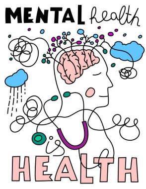 Akıl sağlığı illüstrasyonu. Beyninde farklı çiçekler ve karışık çizgiler olan bir adamın soyut poster tasarımı. Farkındalık, duygular ve psikolojik refah kavramı. Vektör illüstrasyonu.