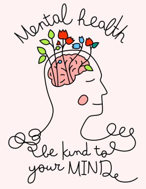 Akıl sağlığı illüstrasyonu. Beyninde farklı çiçekler ve karışık çizgiler olan bir adamın soyut poster tasarımı. Farkındalık, duygular ve psikolojik refah kavramı. Vektör illüstrasyonu.