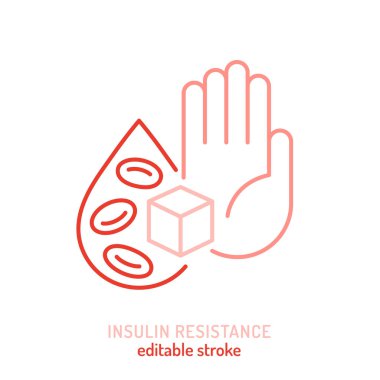 İnsülin direnci ikonu. Taslak sembol, çizgi işareti. Glikoz metabolizması piktogram bozukluğu. Kan şekeri düzenlemeleri için sağlık uyarısı. Düzenlenebilir felç. Beyaz arkaplanda izole edilmiş vektör illüstrasyonu