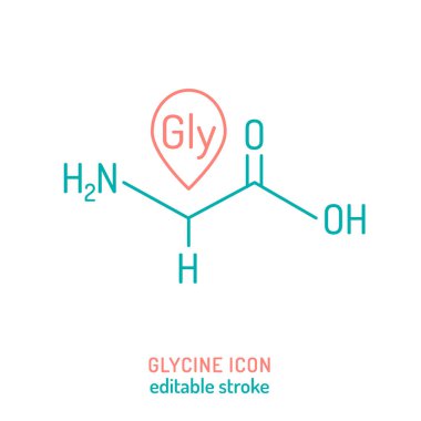 Glisin molekül ikonu. Moleküler yapı. Beyaz arkaplanda izole edilmiş düzenlenebilir vektör çizimi. Eğitici diyagram. Biyoloji, beslenme ve gıda bilimi bağlamlarında kullanılan moleküler formül